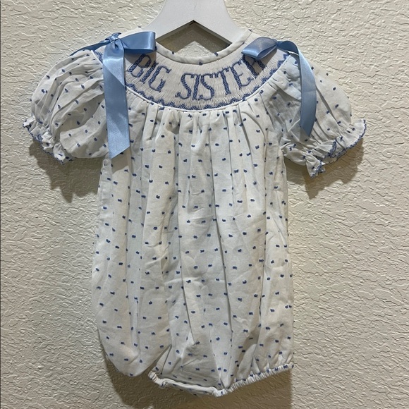 NWT The Smocked Flamingo Hand Smocked Blue Swiss Dot Big Sister Bubble size 12M - Picture 2 of 5